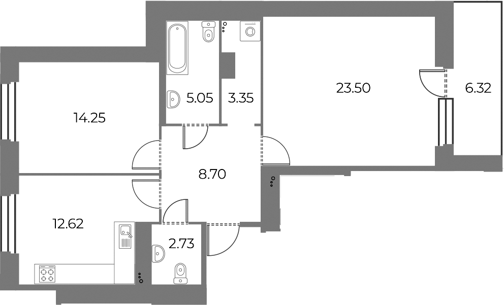 2-комнатная квартира 73.36 м², 3/13 эт., ЖК «Огни Залива»